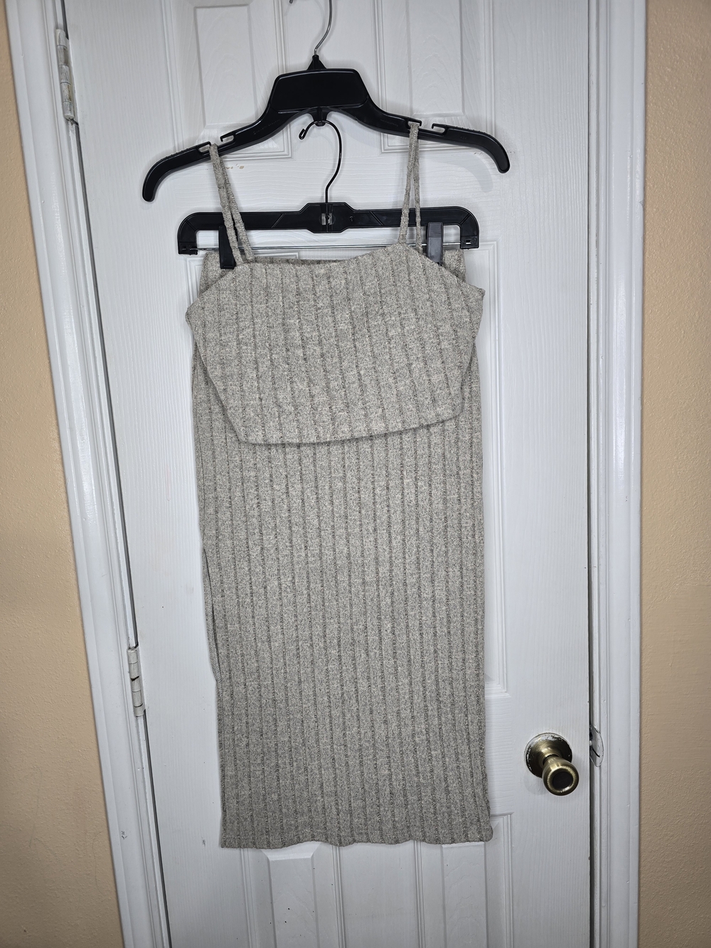 SHEIN Light Beige Ribbed Knit Midi Slip Dress